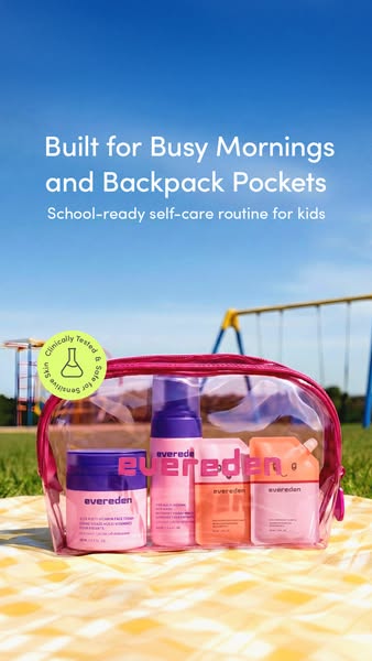 This image ad promotes Evereden kid's skincare products, emphasizing their suitability for busy mornings and travel.