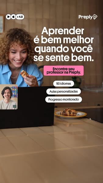 This image ad promotes Preply, a service that connects language learners with online tutors. The ad features a smiling w