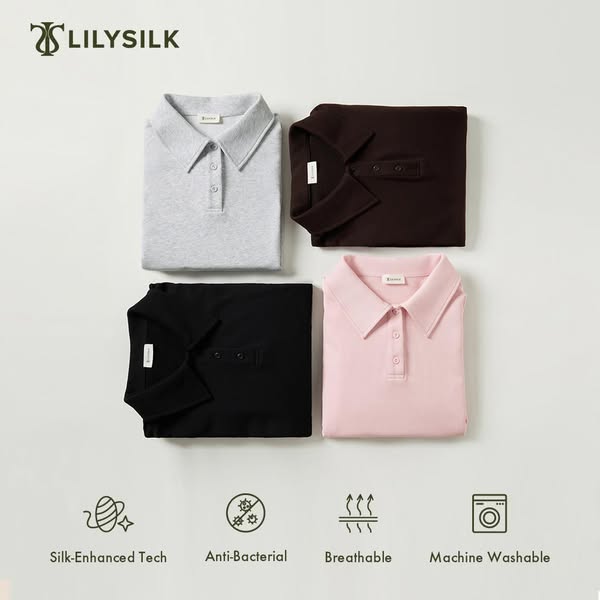 This ad showcases the LilySilk polo shirt, highlighting its silk-enhanced technology, anti-bacterial properties, breatha