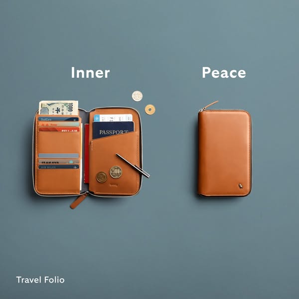 This ad showcases the Bellroy Travel Folio, emphasizing its ability to organize travel essentials and bring 'inner p