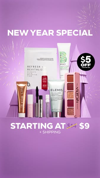 This image ad promotes a New Year's special on a beauty subscription box, highlighting a variety of skincare and mak