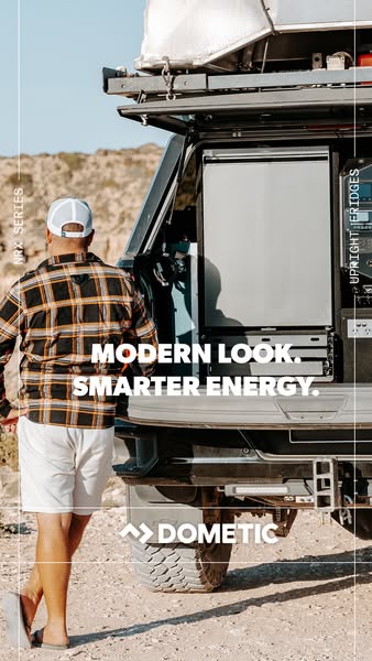 This ad showcases the Dometic brand's NRX series upright fridge, emphasizing its modern design and energy efficiency