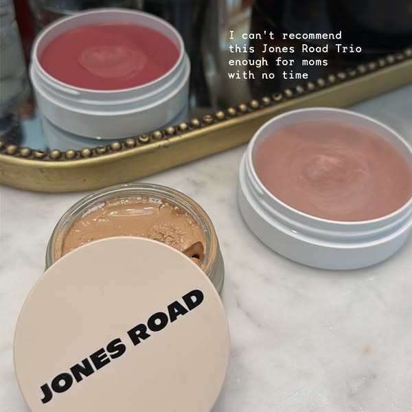 This image ad showcases the Jones Road Trio, emphasizing its convenience for busy moms. The ad features a close-up of th