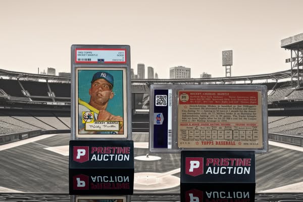 An advertisement for Pristine Auction, showcasing two graded Mickey Mantle baseball cards against the backdrop of a stad