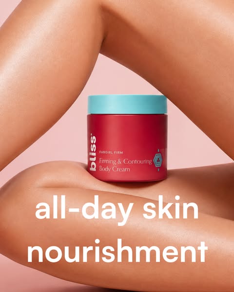 This image ad features bliss FABGIRL FIRM Firming & Contouring Body Cream and the copy "all-day skin nourishmen