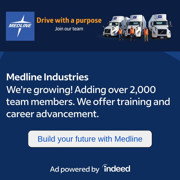 This image ad for Medline Industries is a job posting. It highlights the company's growth and offers training and ca