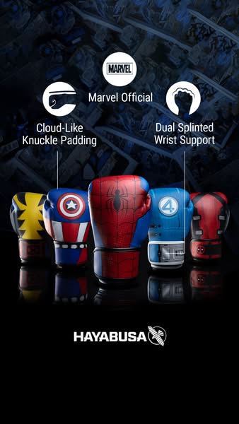 This ad showcases a line of Marvel-themed boxing gloves by Hayabusa, highlighting features like cloud-like knuckle paddi