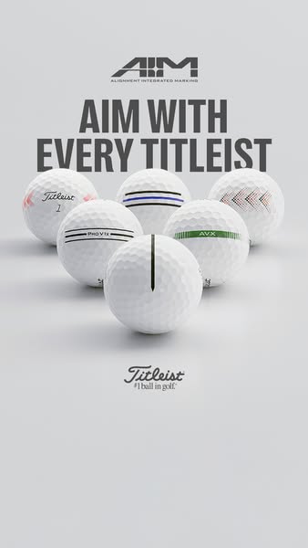 This image ad showcases Titleist golf balls with AIM (Alignment Integrated Marking) technology, emphasizing the brand