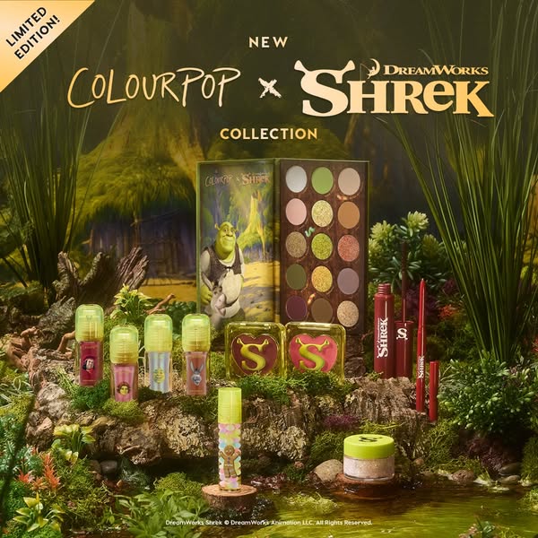 This image ad showcases the new ColourPop x Shrek makeup collection. The products are displayed in a natural, swamp-like