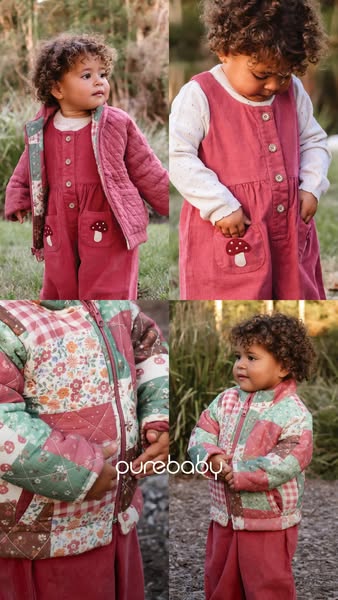 This ad showcases Purebaby's clothing line, featuring a corduroy jumper dress and a patchwork quilted jacket, both w