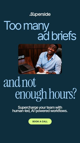 The ad highlights the problem of having too many ad briefs and not enough time, then suggests that Superside can help so