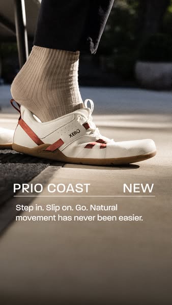 An image ad for Xero Shoes promoting their Prio Coast shoes. The ad emphasizes the ease of stepping into and slipping on
