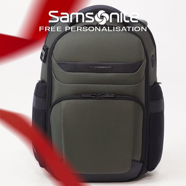 This ad features a Samsonite backpack against a white background. The ad highlights the brand and offers free personaliz