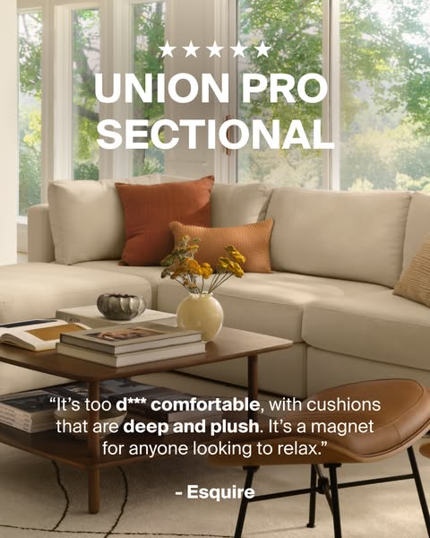 This image ad showcases the Union Pro Sectional, highlighting its comfort and appeal through a quote from Esquire, sugge