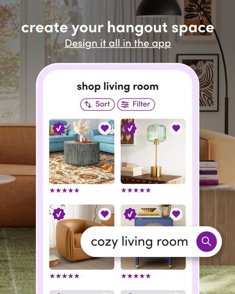 This ad promotes a mobile app for designing living spaces. It features a screenshot of the app's interface, highligh