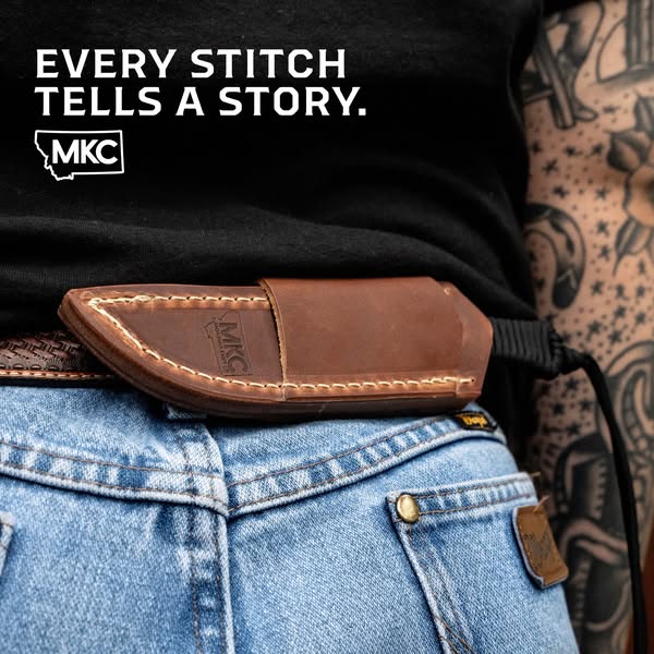 This image ad showcases a knife in a leather sheath worn on a belt. The ad highlights the craftsmanship and durability o