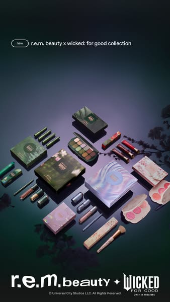 This ad showcases the r.e.m. beauty x wicked: for good collection. The ad features a variety of makeup products from the
