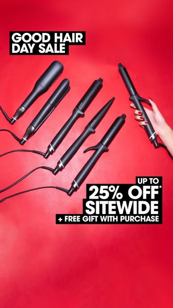 This ad features five curling irons from ghd on a red background. The headline and offer advertise a 'Good Hair Day 
