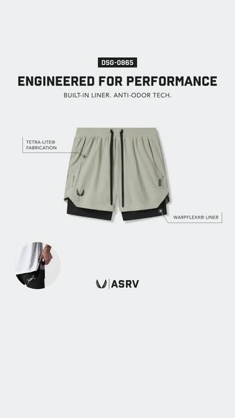 This ad showcases the features of ASRV's DSG-0865 athletic shorts, highlighting their performance-driven design and 