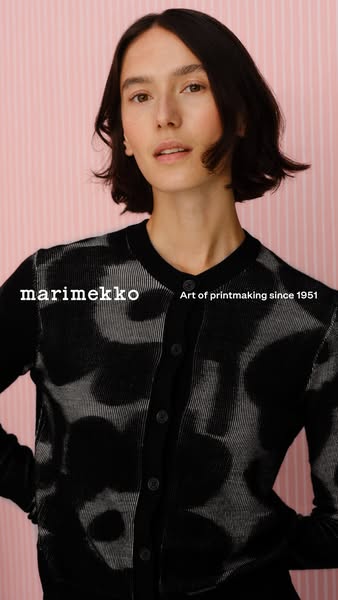 This image ad features a woman wearing a Marimekko cardigan. The ad highlights the brand's history and design aesthe