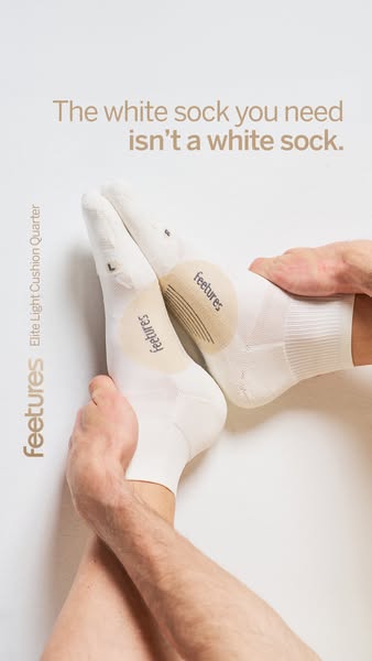 This ad showcases Feetures socks, highlighting their design and comfort features. The ad uses a close-up shot to emphasi