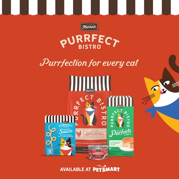 This image ad promotes Merrick's Purrfect Bistro line of cat food. The image features a collection of products with 