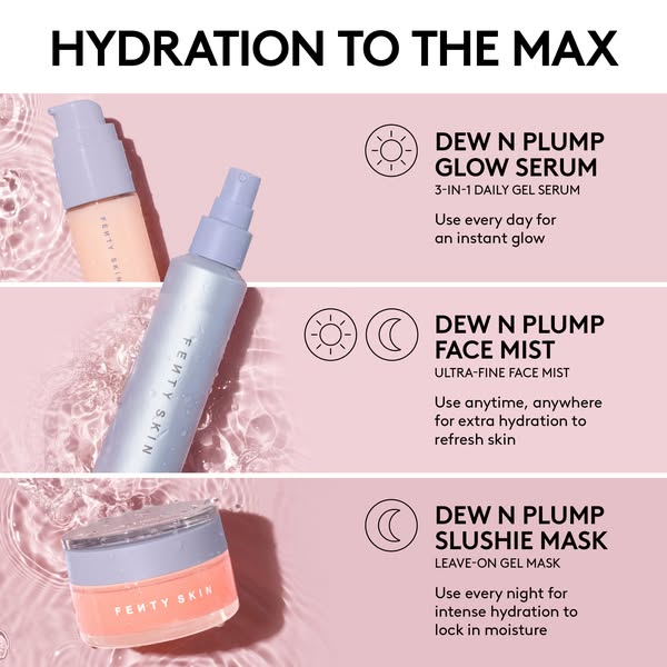 This image ad for Fenty Skin highlights three of its hydration-focused skincare products: the Dew N Plump Glow Serum, th