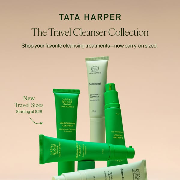 This Meta image ad for Tata Harper showcases the brand's travel-sized cleansers. The ad highlights the convenience o