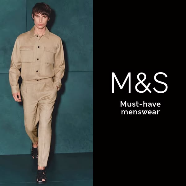 This ad showcases must-have menswear from M&S, featuring a model wearing a matching tan-colored shirt and pants set.