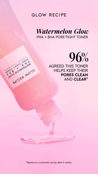 This ad for Glow Recipe's Watermelon Glow PHA + BHA Pore-Tight Toner highlights the product's effectiveness in k
