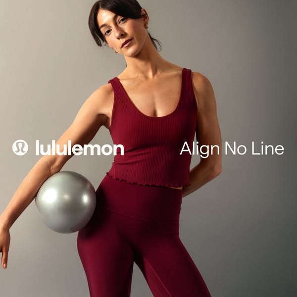 This ad showcases Lululemon's Align No Line activewear set, featuring a woman in a burgundy ribbed tank top and matc