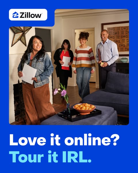 This ad for Zillow shows a family touring a home with their real estate agent. The ad encourages users to tour homes in 