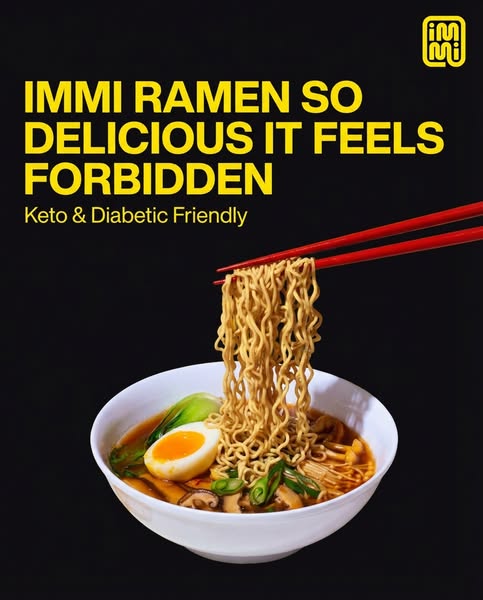This image ad promotes Immi Ramen as a delicious, keto, and diabetic-friendly alternative to traditional ramen. The ad f
