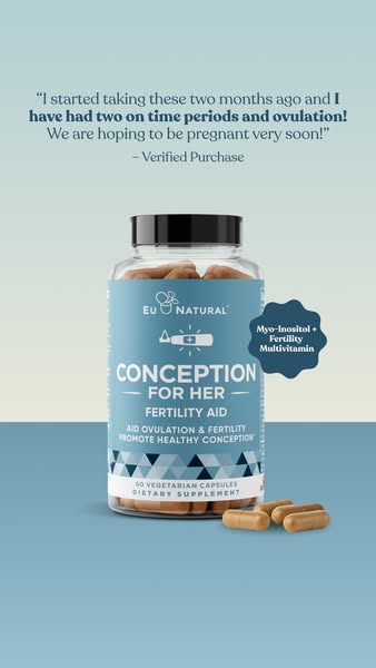 This ad features a bottle of Eu Natural Conception For Her fertility aid supplements. The ad includes a customer testimo
