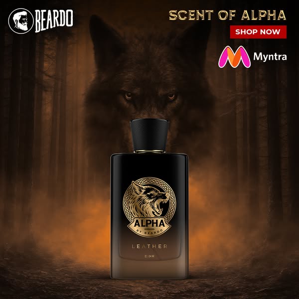 This image ad for Beardo Alpha 'Leather' Elixir presents the product against an atmospheric background featuring