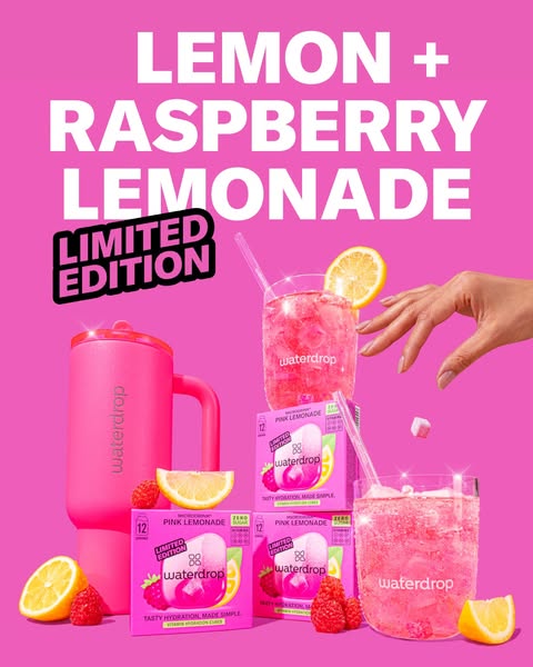 This image ad promotes Waterdrop's limited edition lemon and raspberry lemonade hydration cubes and features the bra