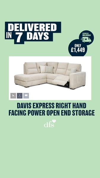 This ad showcases a Davis Express Right Hand Facing Power Open End Storage sofa from DFS. The ad highlights express deli