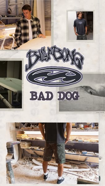 This ad for Billabong apparel features a collage of images of men working on surfboards. The collage is laid over a crea