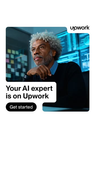 An Upwork ad featuring an image of a man in front of computer screens, likely an AI expert, inviting users to get starte