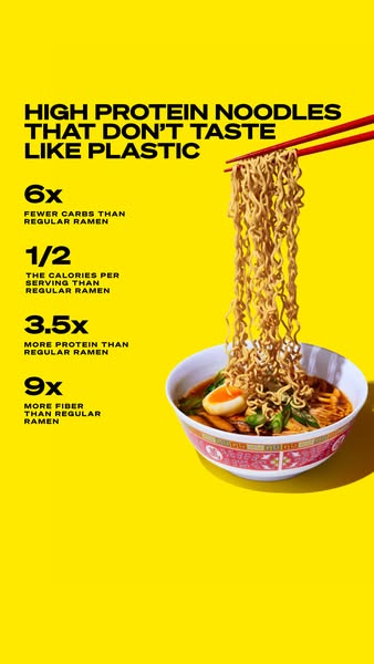 This ad promotes high-protein noodles as a healthier alternative to regular ramen, highlighting their lower carb, calori