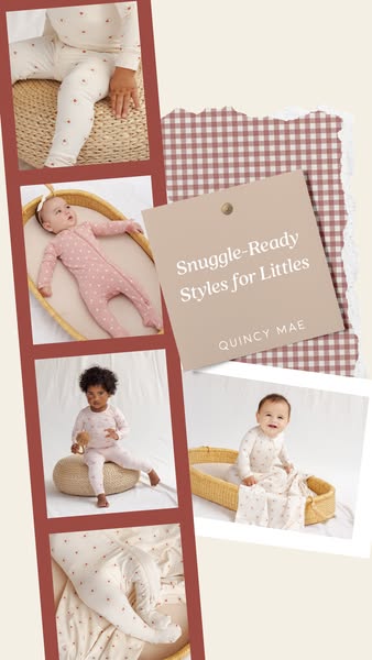 This image ad for Quincy Mae features a collage of baby photos wearing pajamas. The ad is designed to appeal to parents 