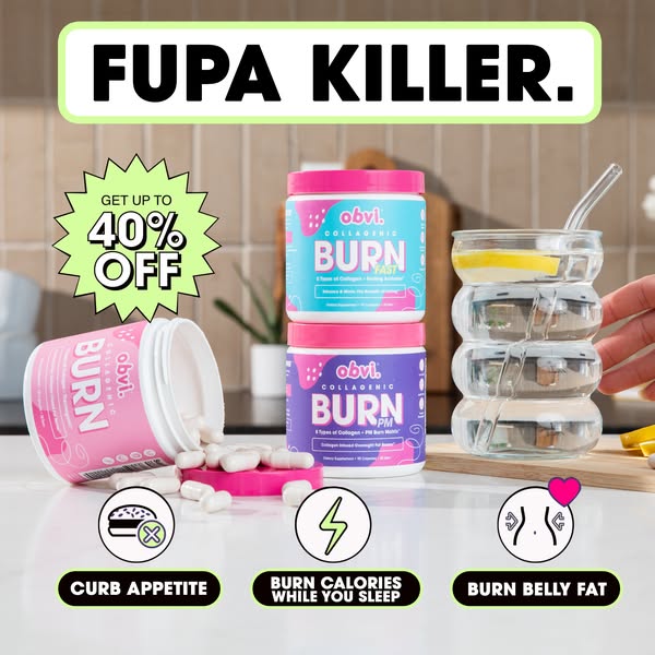 This image ad promotes Obvi's collagenic burn products, highlighting their benefits in curbing appetite, burning cal