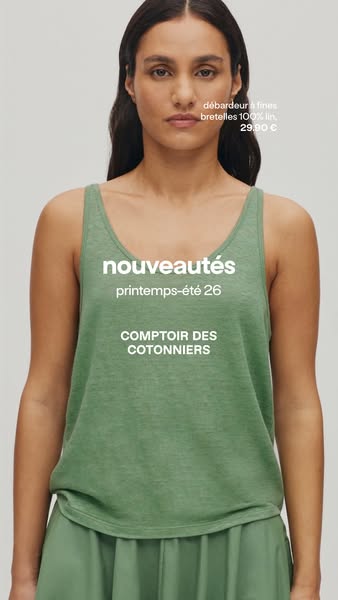 This ad features a woman wearing a green top, along with text about the top and brand.