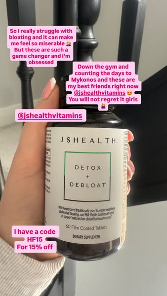 A social media ad featuring a hand holding a bottle of JSHealth Detox + Debloat tablets with several text bubbles contai