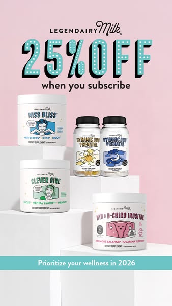 This ad for Legendary Milk promotes a 25% off subscription offer and showcases four of their products: Miss Bliss, Dynam