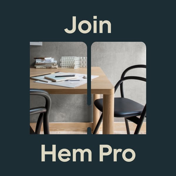 This image ad promotes Hem Pro, a professional service by Hem, featuring a split image of a desk and chair.
