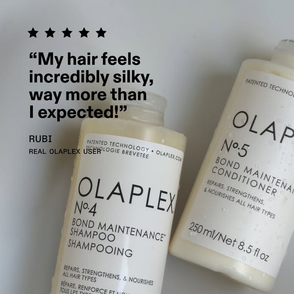 This ad features a testimonial about Olaplex shampoo and conditioner, emphasizing the silky feel of the hair after use.