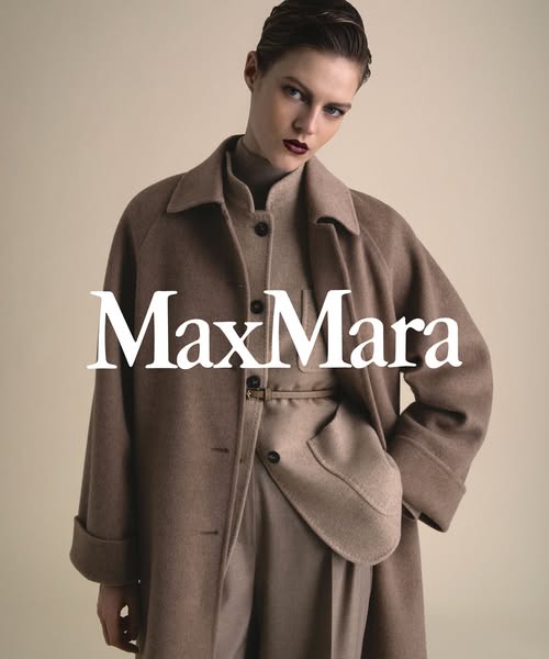 This ad showcases a woman wearing a brown Max Mara coat and emphasizes the brand's image and luxurious apparel.