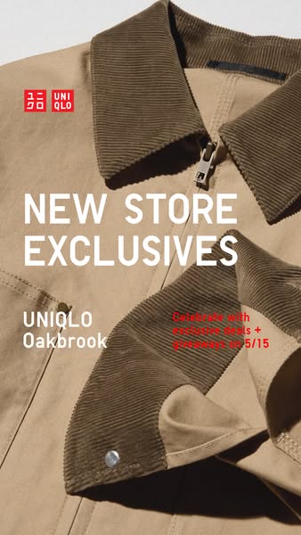This ad promotes the grand opening of a new UNIQLO store. It features an image of a beige jacket and text highlighting &