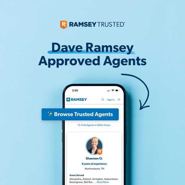 This ad promotes Dave Ramsey's trusted agents. The ad features a screenshot of the Dave Ramsey app on a phone, highl